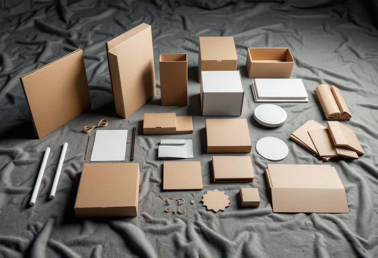 Éléments de présentoir carton en flat lay sur tissu gris, détails visibles