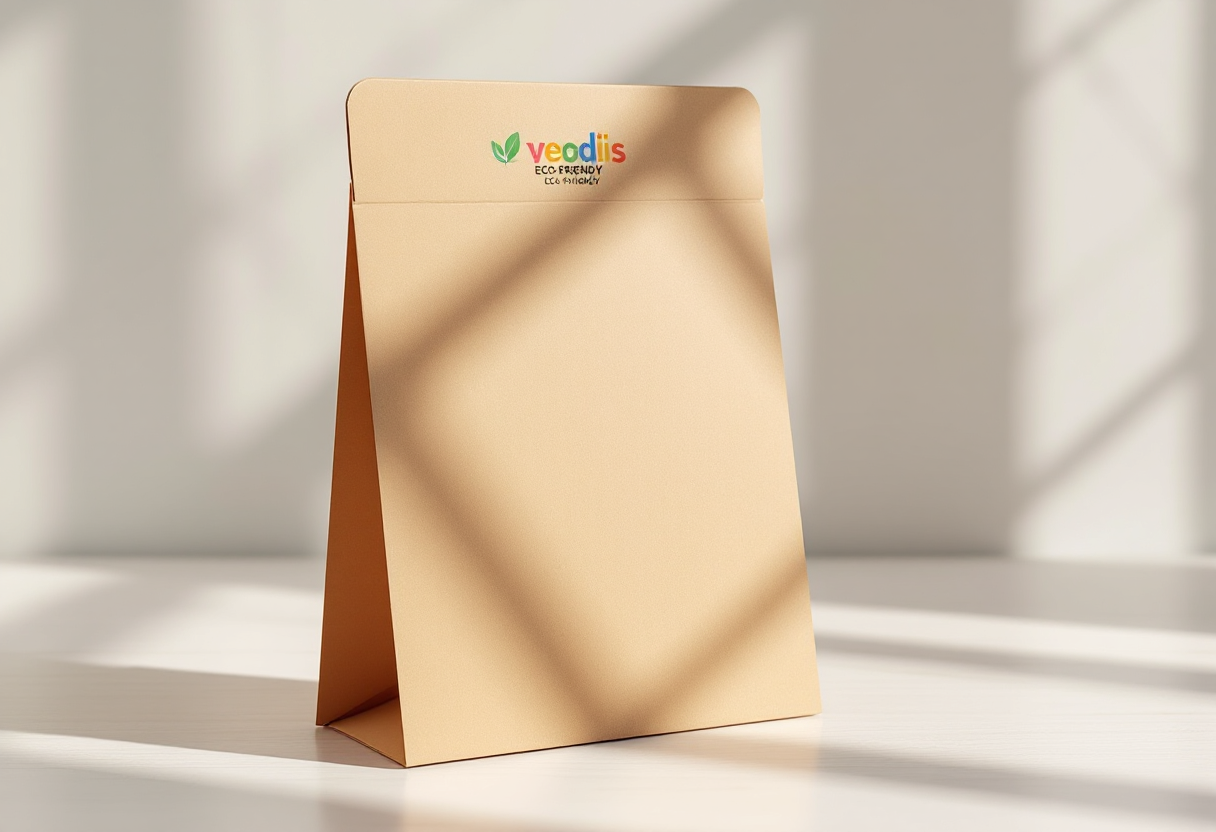 Présentoir carton brun écologique avec branding coloré.